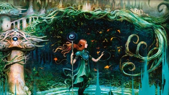 MTG mana ramp cards- artwork of a redheaded woman inside a spiral of nature magic, from the card growth spiral