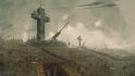 Mike Franchina Trench Crusade Artwork - illustration of a flak battery in no-man's land, surrounded by trenches, and crucifixes both small and monumental