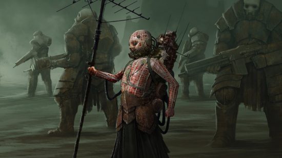 Mike Franchina Trench Crusade illustration - a child with strange medical apparatus holding an aerial is flanked by huge, armed and armoured guards
