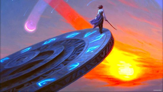 MTG Power 9 - artwork from the MTG card Time Walk, of a wizard on the edge of a giant tilted clock face