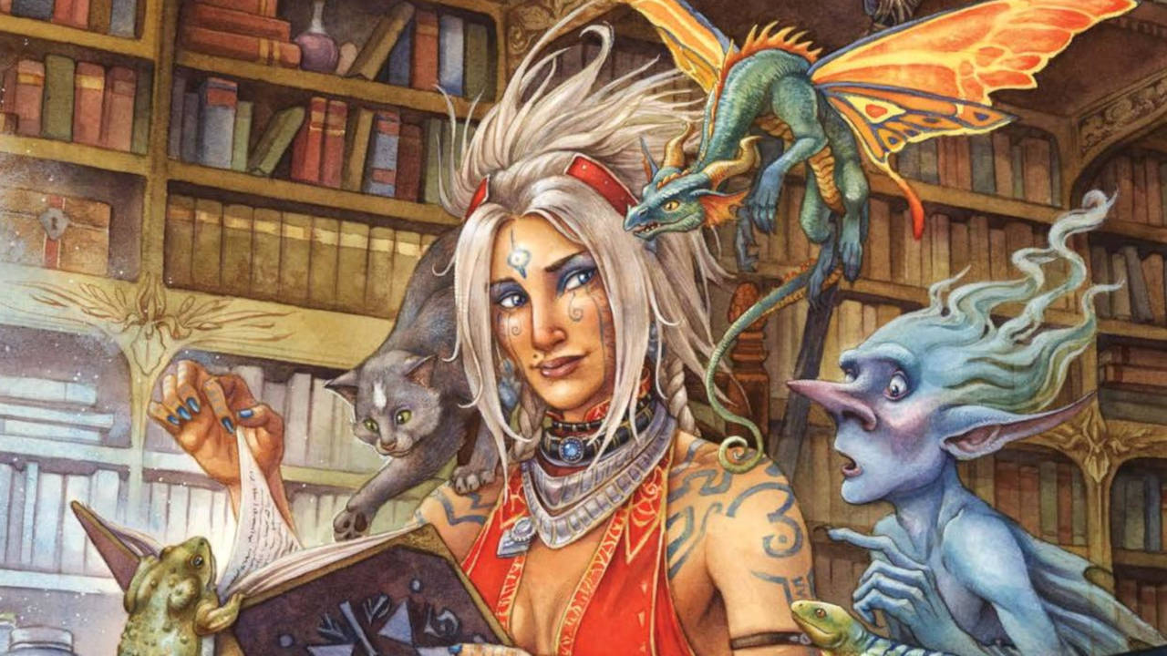 Pathfinder Sorcerer reading with various magical and animal companions (art by Paizo)