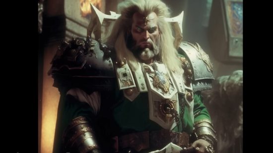 Warhammer 40k film from the 1980s, as imagined by an AI - Rogal Dorn, a knight in green robes with an enormous power-metal hairdo