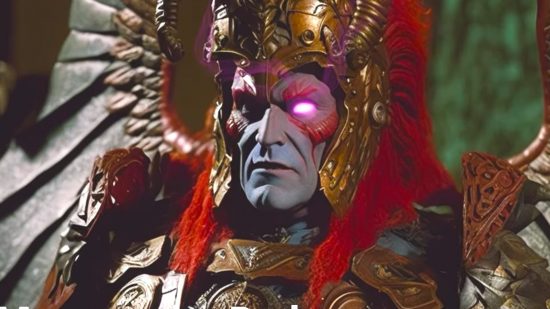 Warhammer 40k film in the 1980s style imagined by an AI - Magnus the Red, a figure in ornate armour with red hair and a glowing pink eye socket