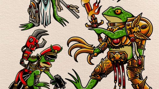 Warhammer 40k frog tattoos by Dan Abreu - Commissar Yarrick and the God Emperor of Mankind, but frogs