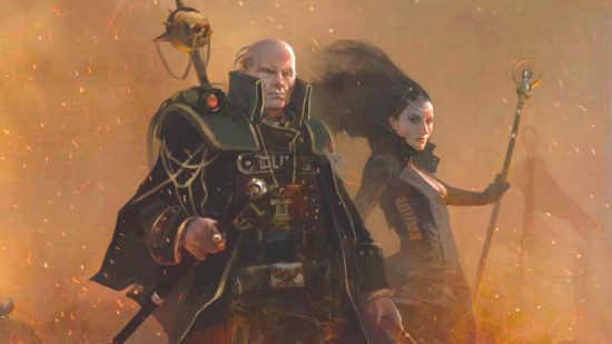 Warhammer 40k heresy warning from AI text generator - illustration of Inquisitor Gregor Eisenhorn, a scowling bald man in military attire holding a cane, and elegant companion Bequin, by Games Workshop