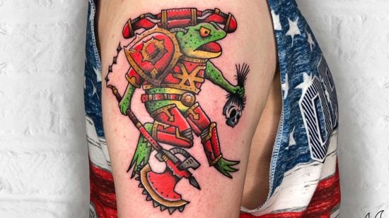 Warhammer 40k frog tattoos by Dan Abreu - a frog in red and gold space marine armour wielding an axe, drawn in traditional tattoo style