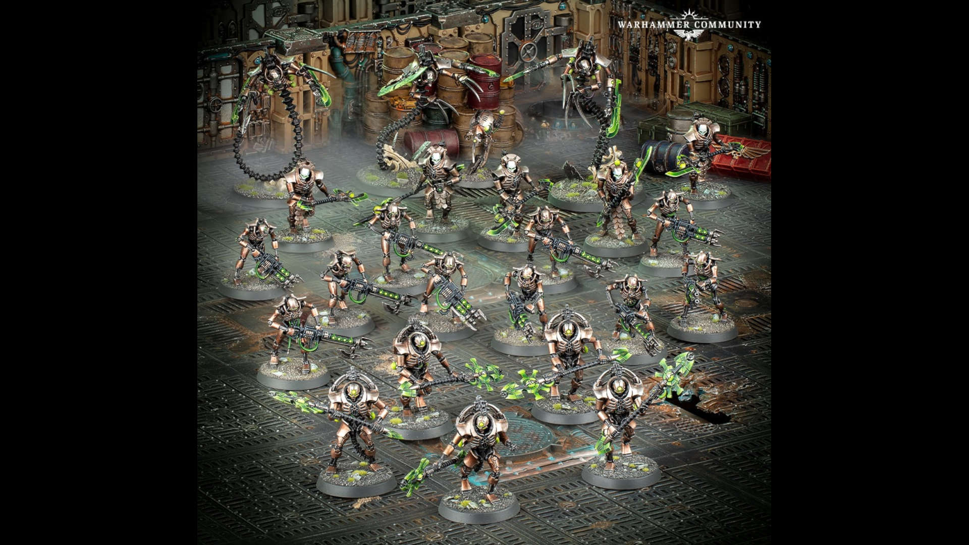 Warhammer 40k Necrons boarding patrol - a force of brassy automata with fluorescent green weapons advance into a space ship - models and photographs by Games Workshop