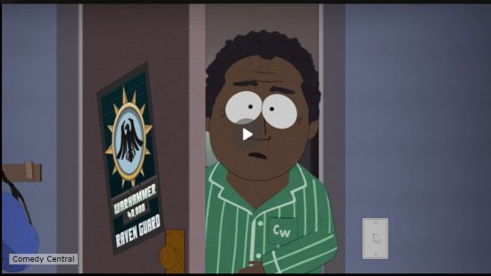 Warhammer 40k Ravenguard poster visible on the inside of Tolkien's bedroom in South Park S26 E1 - screenshot from Comedy Central