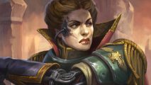 Warhammer 40k Rogue Trader, Astra Militarum background - a regal woman with proud expression, facial scars, and a cybernetic implant in the side of her face