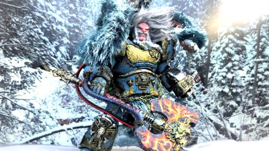 Warhammer 40k Space Marine action figure converted into Logan Grimnar by Christopher Coffey - a huge, wild-haired, snarling man in imposing armour, wielding a massive axe, a fur cloak around his shoulders