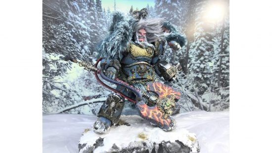 Warhammer 40k Space Marine action figure converted into Logan Grimnar by Christopher Coffey - a huge, wild-haired, snarling man in imposing armour, wielding a massive axe, a fur cloak around his shoulders
