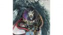 Warhammer 40k Space Marine action figure converted into Logan Grimnar by Christopher Coffey - detail of a wolf face painted onto a purple shoulder pad on a suit of armour, partially hidden beneath a wolf cloak