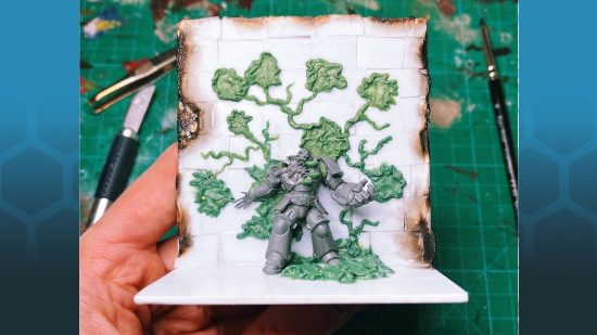 Warhammer 40k Space Marine overtaken by The Last of Us Fungus - diorama by Morose.Miniatures, work in progress shot showing plastic and greenstuff