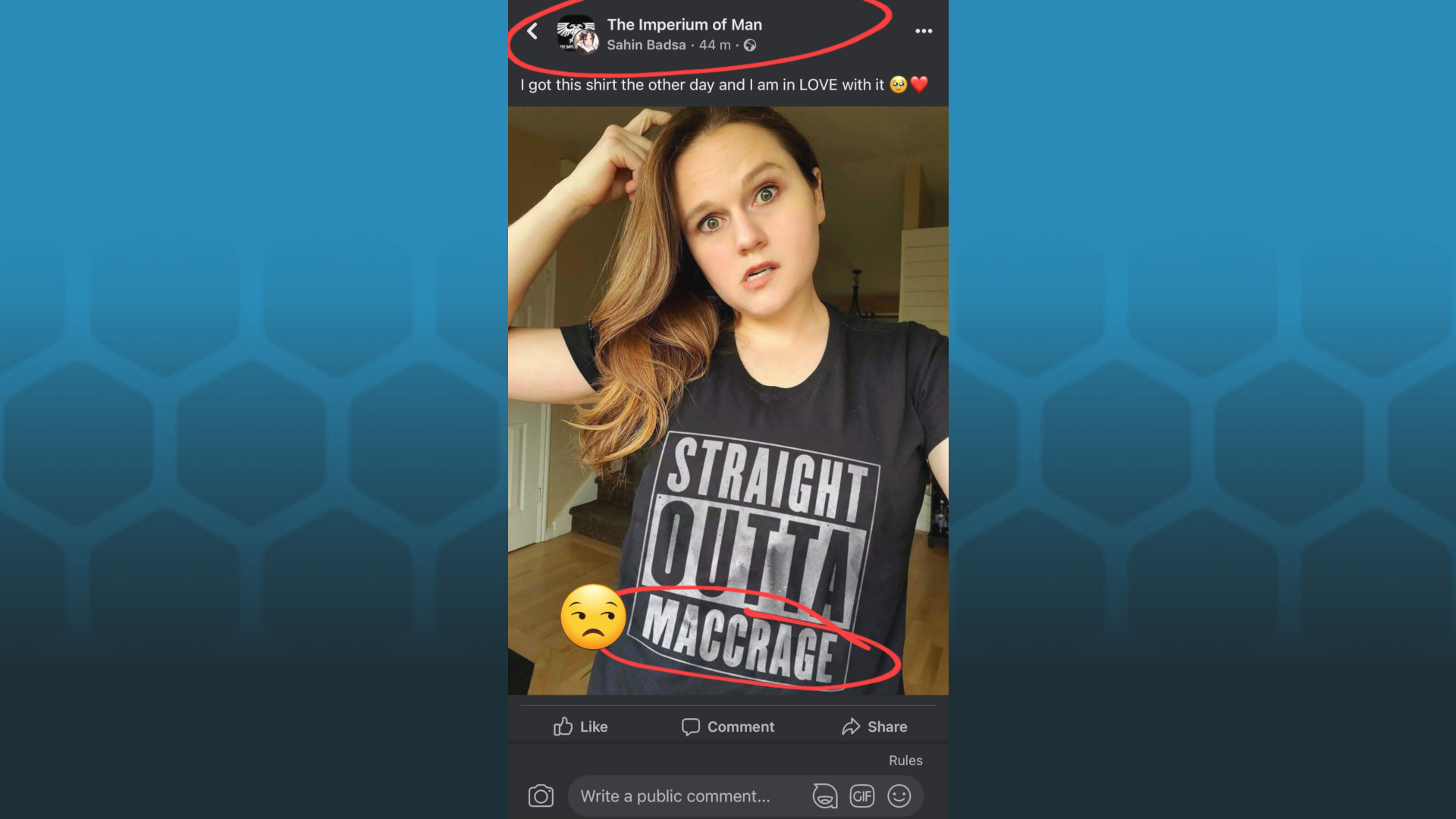 Warhammer 40k t-shirt scam - screencapture of a post in a Facebook group showing Darcy Bono in a t-shirt