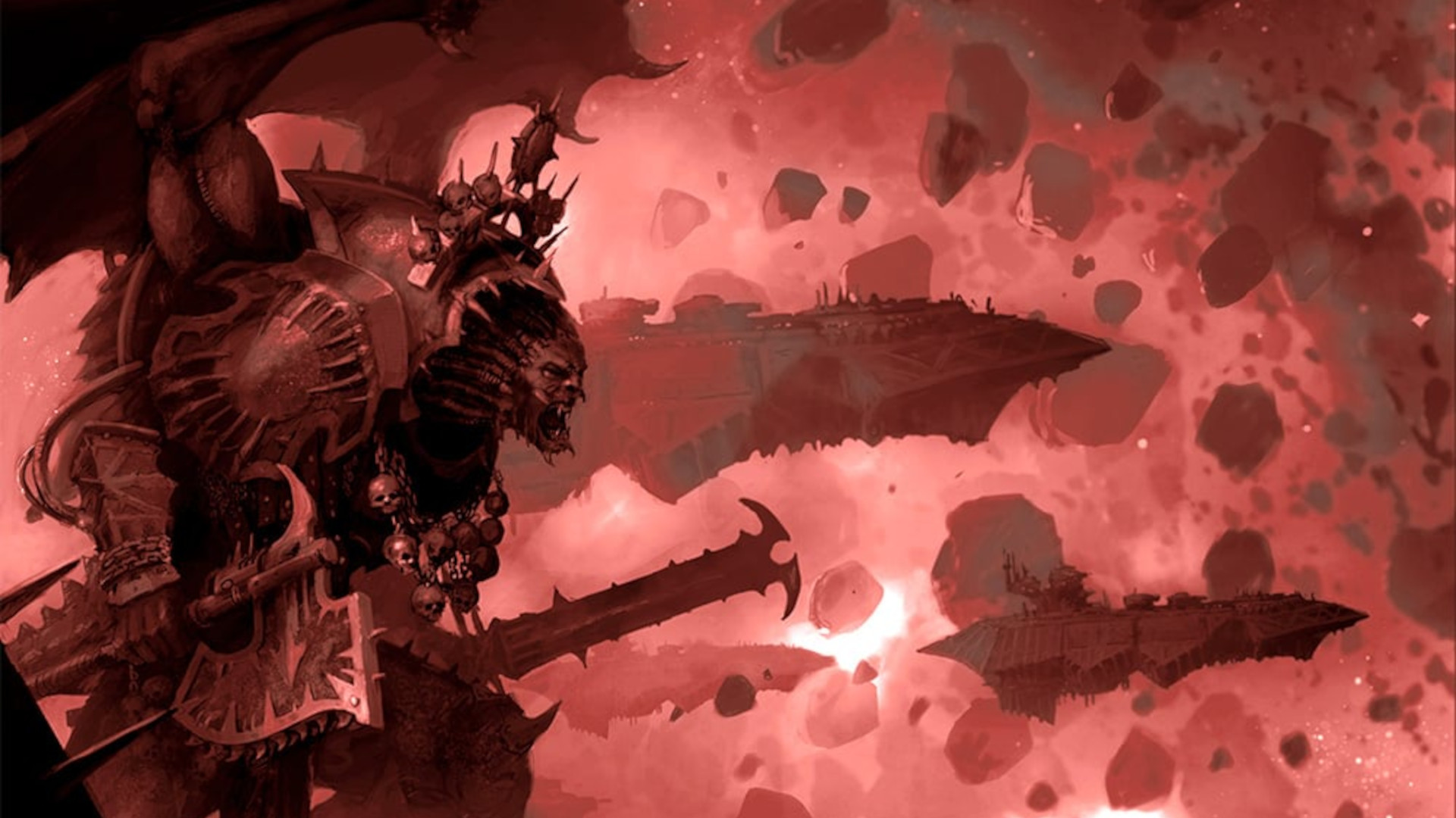 Warhammer 40k World Eaters Codex Review - illustration, the huge daemon Angron travels through space on the prow of a space vessel