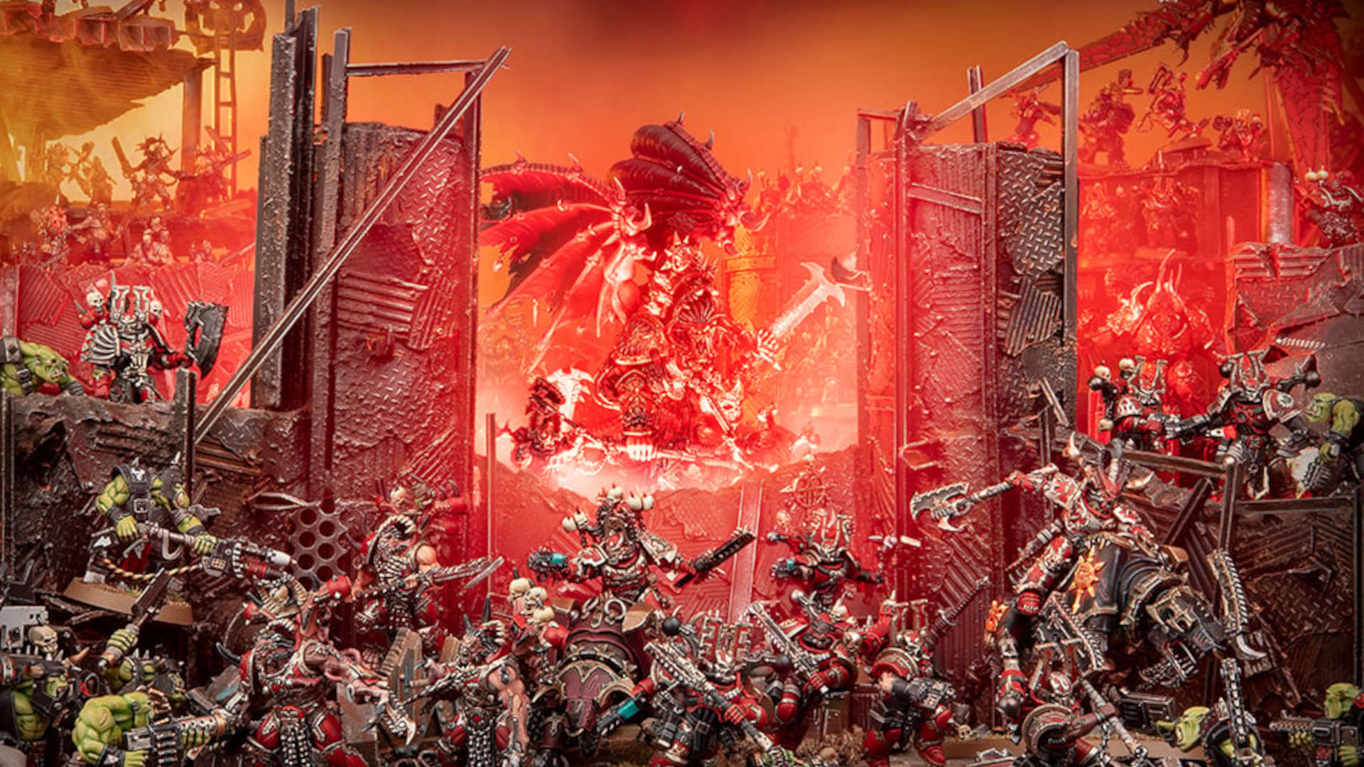 Warhammer 40k World Eaters Codex Review - diorama by Games Workshop, the daemon Angron is summoned in a flash of red light
