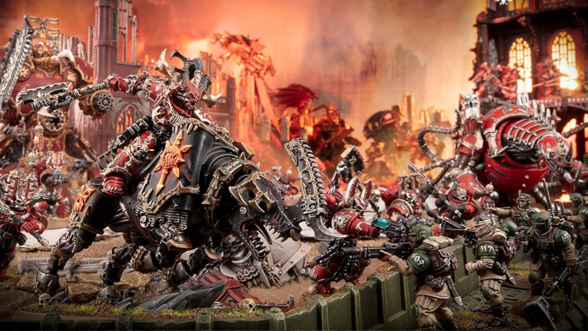 Warhammer 40k World Eaters Codex Review - Lord Invocatus, a red armored warrior riding a black daemonic iron rhino, charges