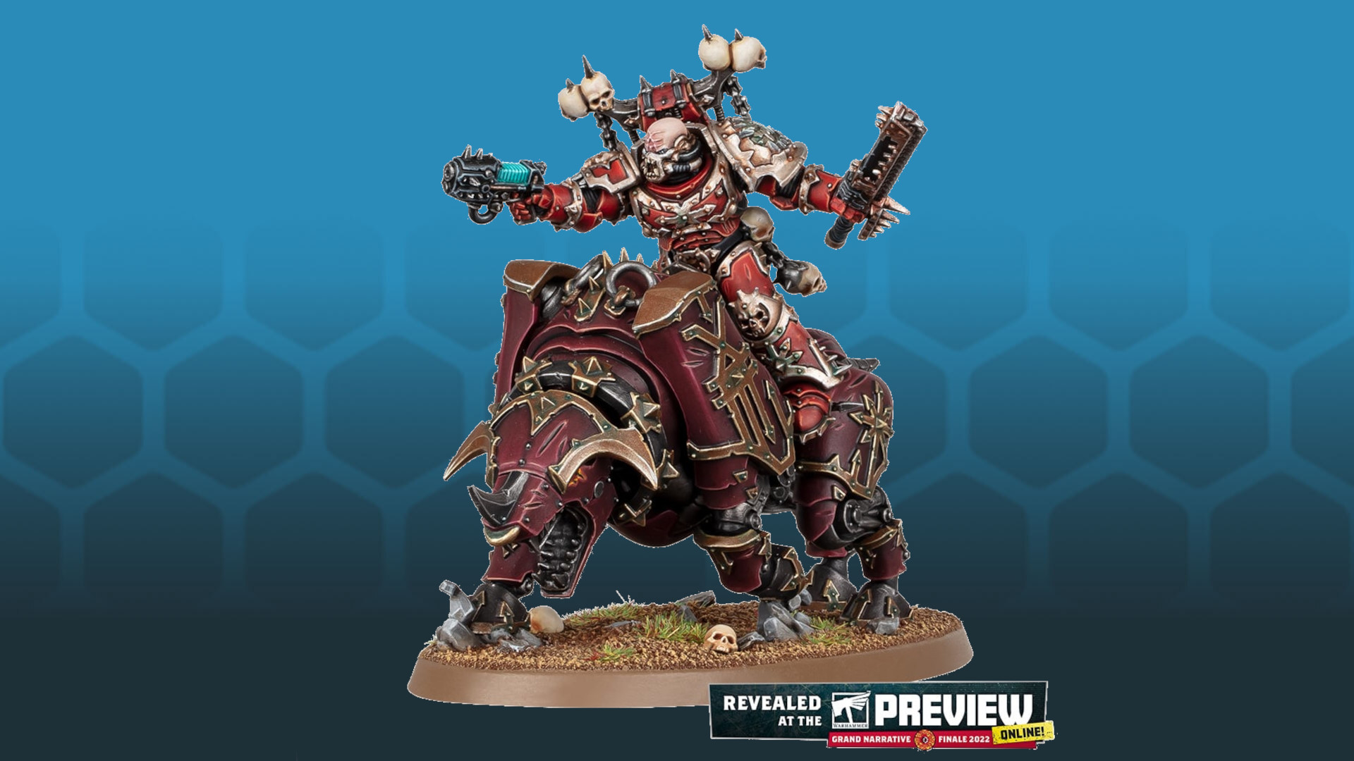 Warhammer 40k World Eaters Codex review - model photograph by Games Workshop, a World Eaters lord rides atop a huge, metal bull or rhino daemon