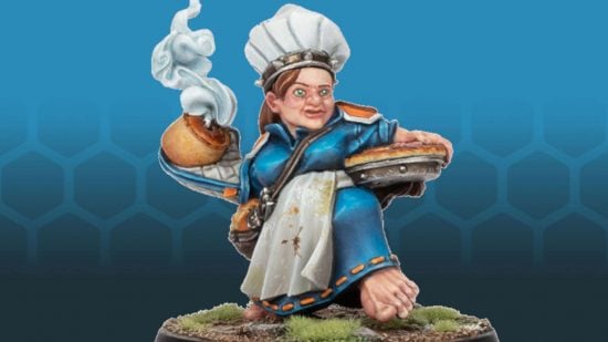 Warhammer Blood Bowl Halfling Star Player Cindy Piewhistle, a barefoot halfling chef in a blue dress prepares to hurl a smoking pie