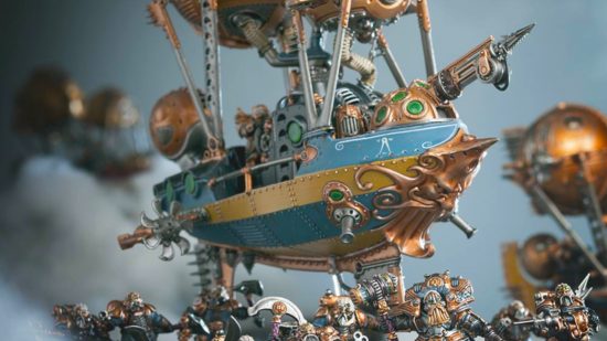Warhammer delays - photograph by Games Workshop of an Arkanaut Frigate, a floating skyship favoured by the mercantile Kharadron Overlords