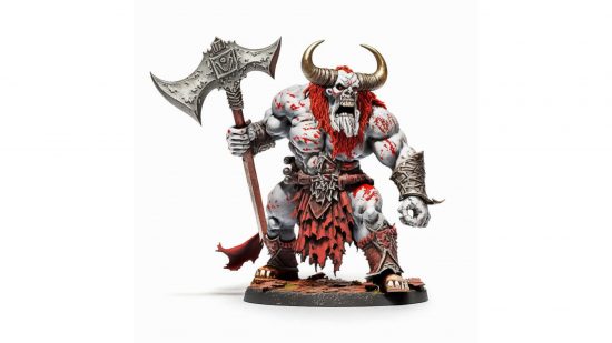 Warhammer fantasy army generated by AI - horned fiend, a yelling horn-headed entity with a huge two-headed axe