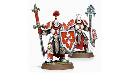 Warhammer fantasy army generated by AI - plateclad phantoms, knights holding elaborate maces and shields, clad in white and red armour