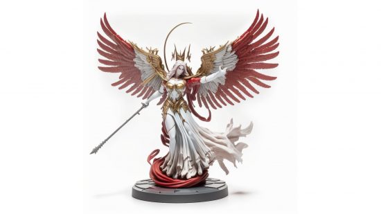 Warhammer fantasy army generated by AI - angelic entity with flowing white dress and red wingtips