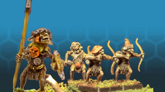 80s Warhammer inspired hobgoblin kickstarter by Oakbound Studio - a gang of nasty green hobgoblins, some with bows, one with a spear