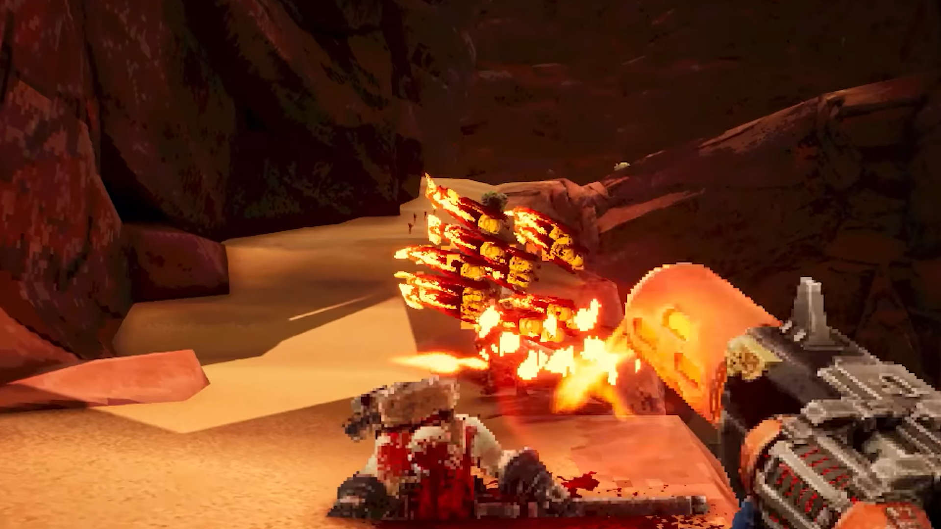 Warhammer 40k Boltgun release date, screenshot by Auroch Digital - FPS game shooting a meltagun at a chaos cultist