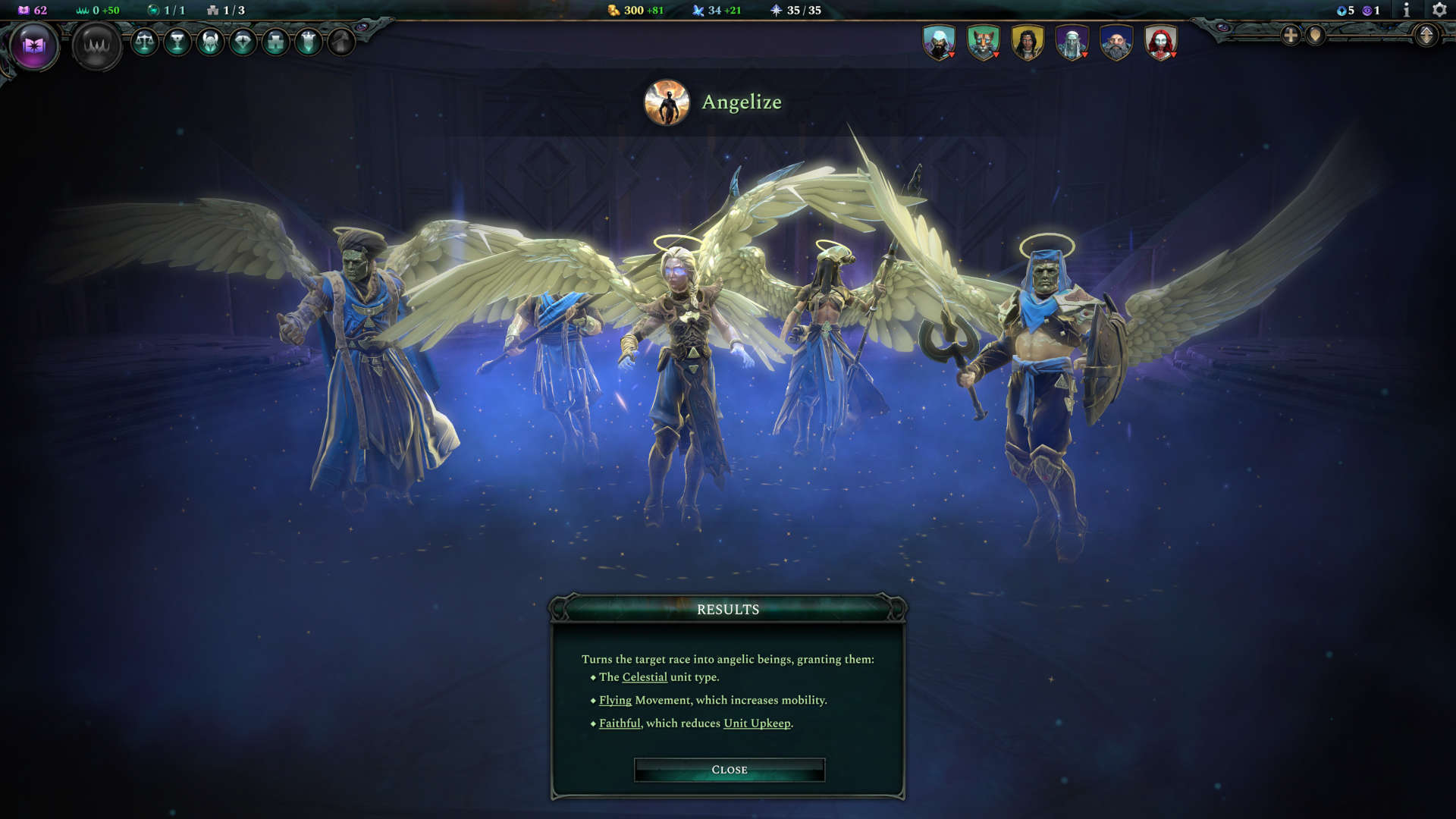 Age of Wonders 4 preview - race transformation screen, the race becomes angelic