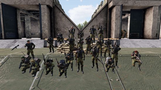 150th Brimlock Dragoons use Arma 3 mods to roleplay as Warhammer 40k guardsmen - screenshot of company at ease
