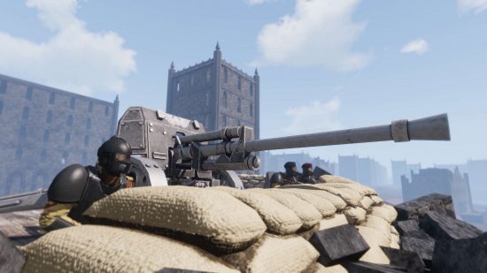 150th Brimlock Dragoons use Arma 3 mods to roleplay as Warhammer 40k guardsmen - screenshot of field gun