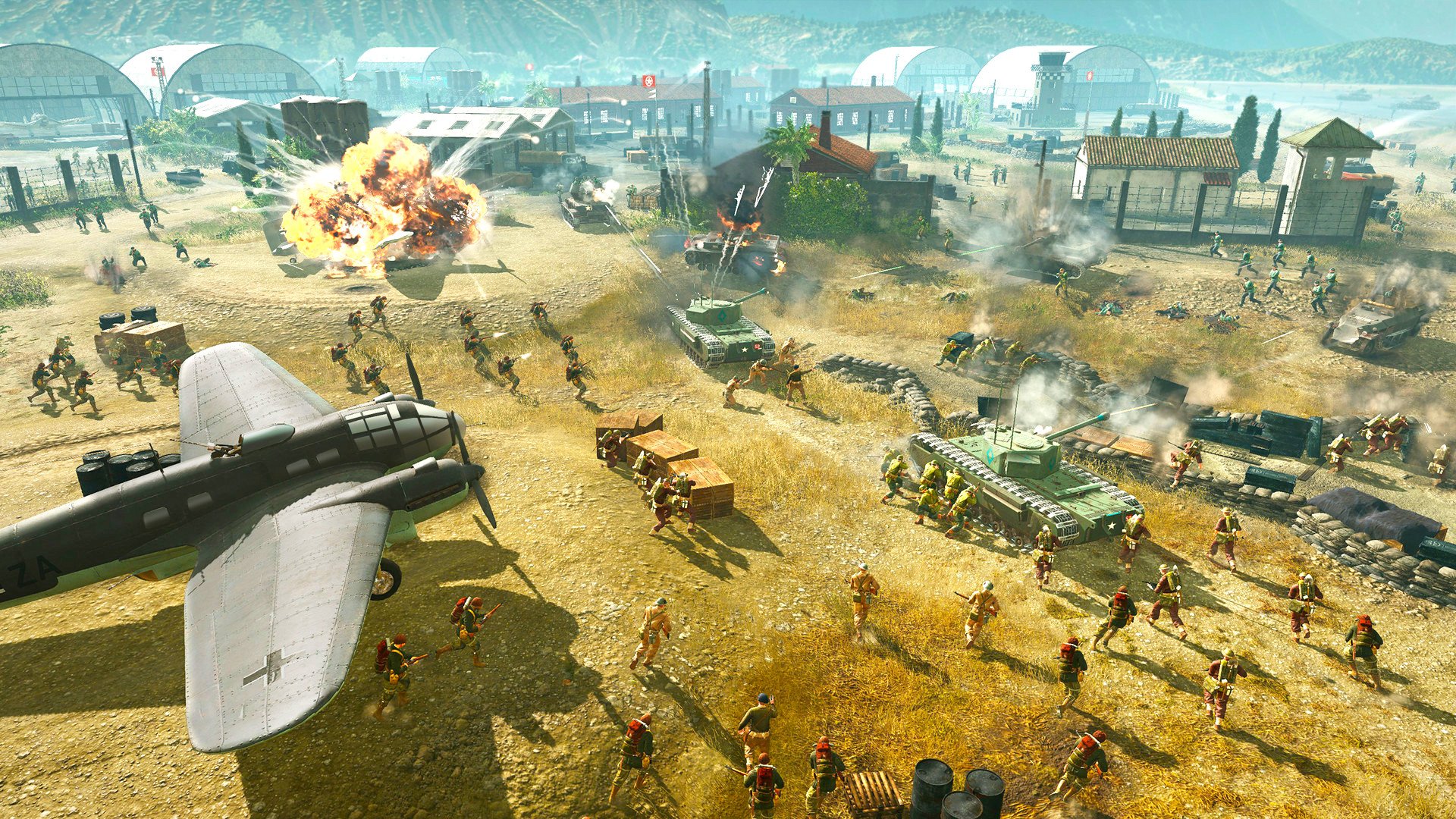 best RTS games guide - Official SEGA screenshot from Company of Heroes 3 showing a big battle across an airfield, with a transport aircraft in the foreground