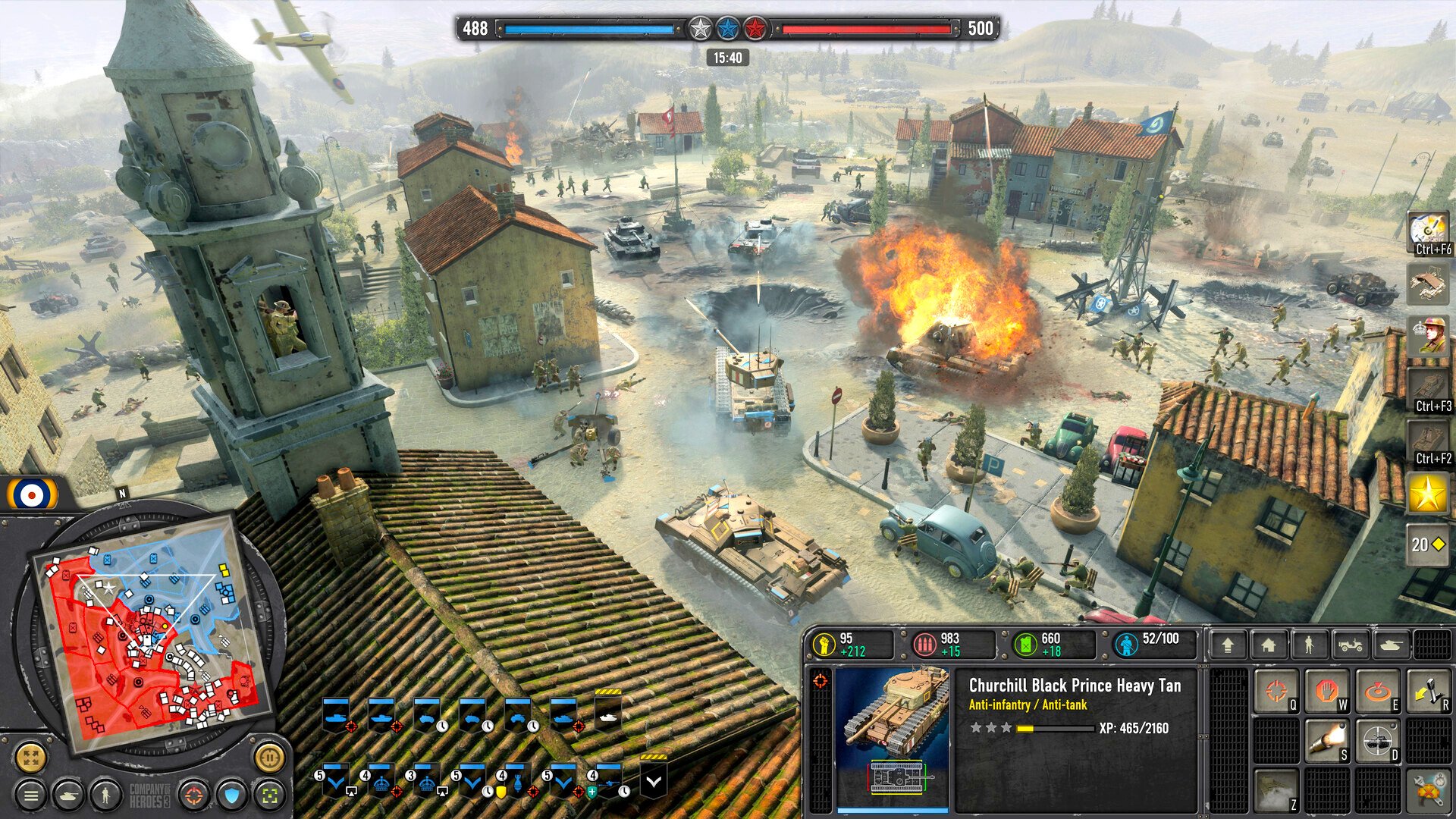 Best ww2 games guide - SEGA sales screenshot from in game footage of Company of Heroes showing a tank and infantry battle in a sandy village with a church roof and belltower