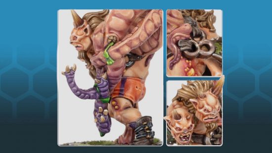 Blood Bowl star player Withergrasp Doubledrool by Games Workshop, detail shots - a hideous beastman with two heads and tentacles