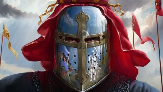Crusader Kings 3 DLC Tours and Tournaments - key image, a brilliantly shining Knight's helmet, the image of a jousting opponent reflected in the steel