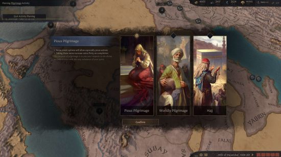 Crusader Kings 3: Tours and Tournaments DLC - screenshot by Paradox Interactive, planning a pilgrimage