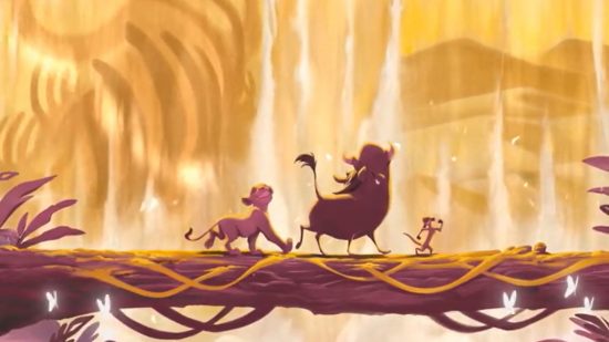 Disney Lorcana - An image of pumba, timone, and simba walking on a tree branch with a yellow background