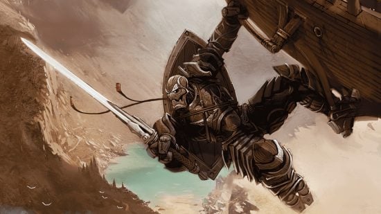 Wizards of the Coast art of a Warforged DnD Artificer 5e holding a sword while hanging from a ship