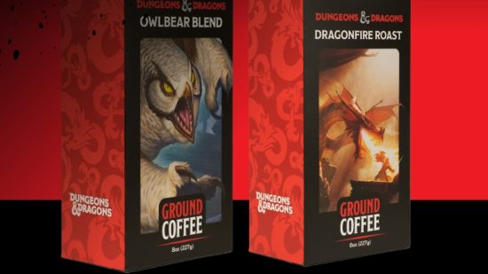 dnd coffee club, two boxes of dnd coffee - one with an owlbear, one with a dragon on the box