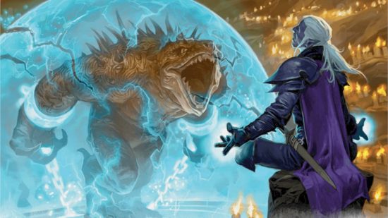 DnD Eldritch Invocations 5e guide - Wizards of the Coast artwork showing a drow spellcaster casting Hold Person on a reptilian beast