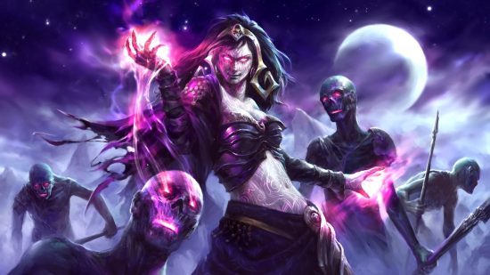 DnD Eldritch Invocations 5e guide - Wizards of the Coast artwork showing MTG character Liliana raising the dead using magic