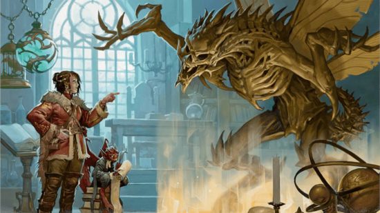 DnD Eldritch Invocations 5e guide - Wizards of the Coast artwork showing a magical scholar pointing at a skeleton dragon
