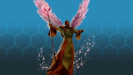 An Aasimar 5e, one of the DnD races, on a blue background (art by Wizards of the Coast)