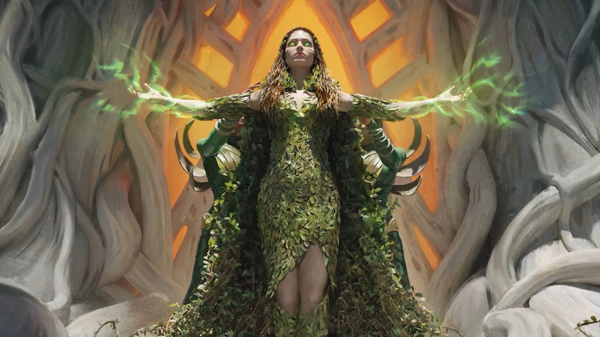 DnD Warlock patrons archfey warlock - artwok of a female nature spirit with a dress made of leaves