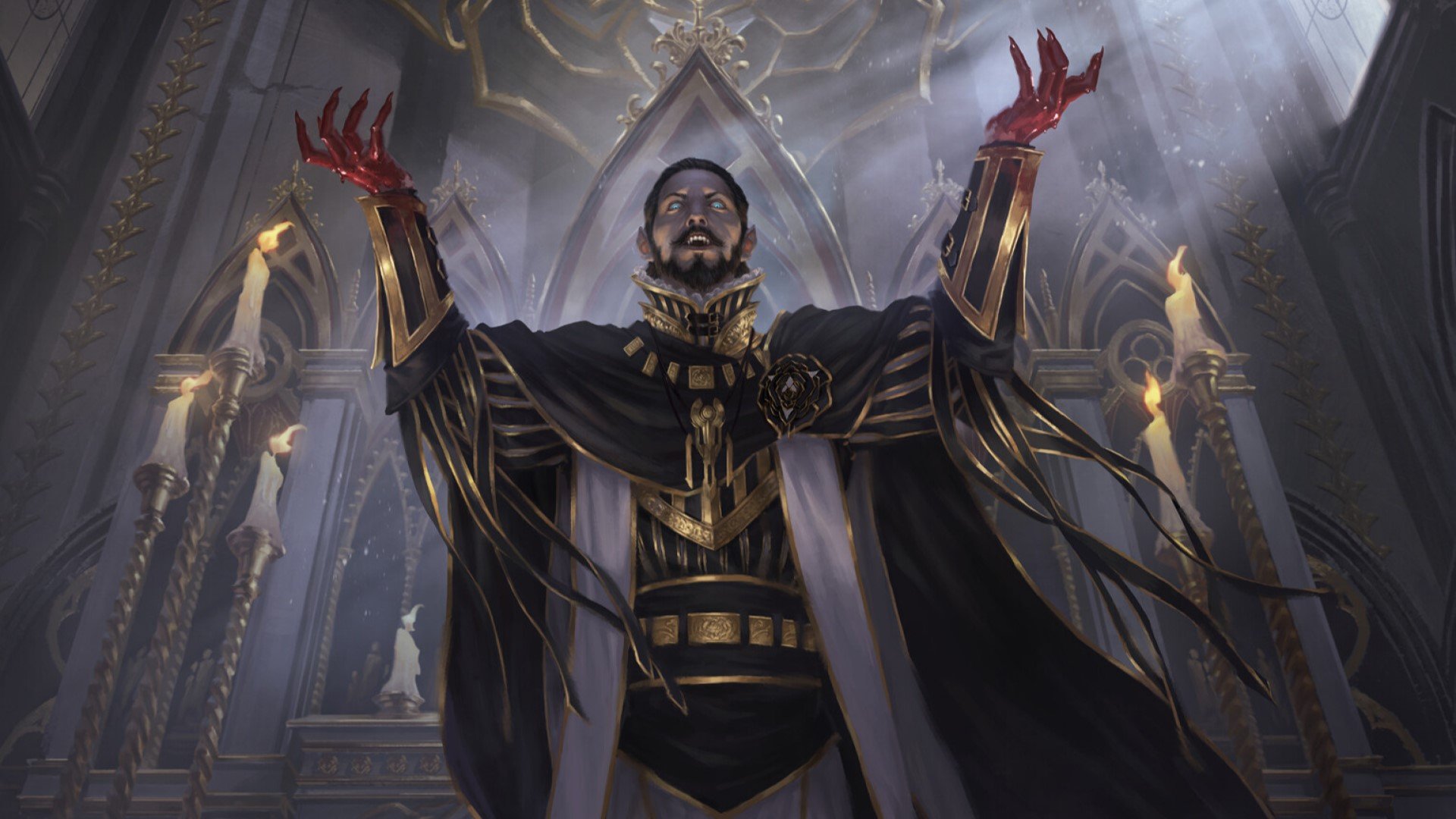 DnD warlock patrons - a vampire with bloody hands in a church