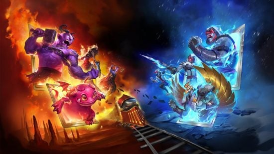 games like slay the spire artwork from monster train showing demons fighting across a train track