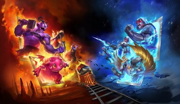 games like slay the spire artwork from monster train showing demons fighting across a train track