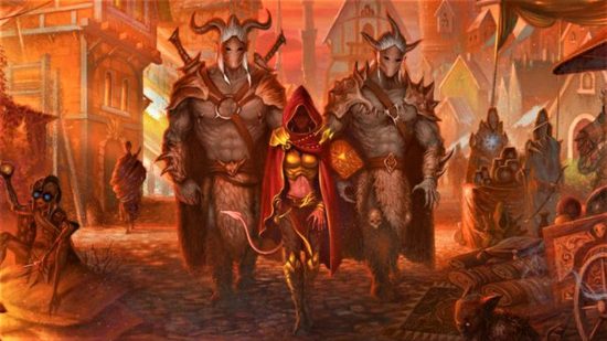Gloomhaven AI art theft - three fantasy characters walking through Gloomhaven, as seen on the board game's box art
