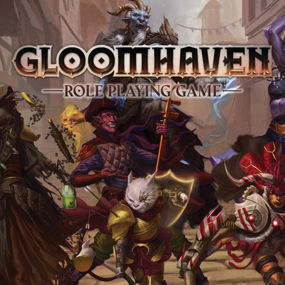 Gloomhaven AI art theft - Cephalofair promo image of the Gloomhaven tabletop RPG logo and art
